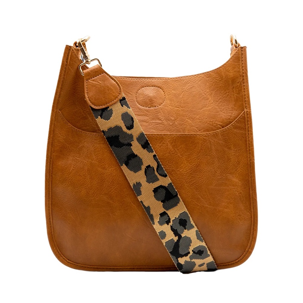 Ahdorned  Camel Vegan Leather Messenger  Bag with Leopard Guitar Strap.EUC Boho